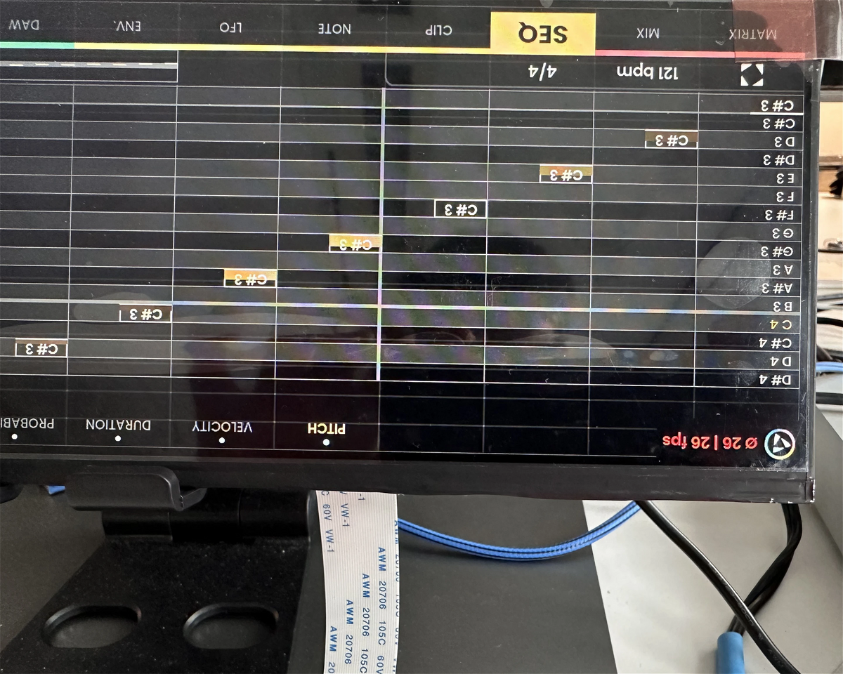 Sequencer page on an early build with a frame-rate counter in the corner
