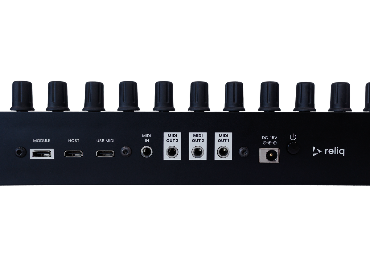 Reliq Black rear panel close up with the USB, MIDI and power connections