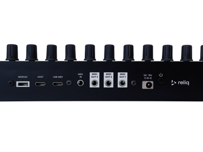 Reliq Black rear panel close up with the USB, MIDI and power connections