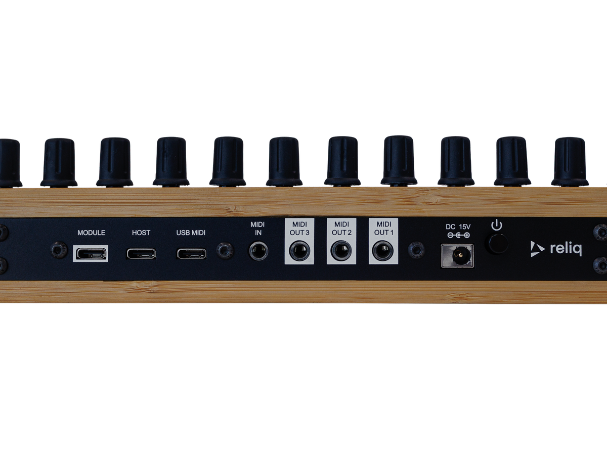 Reliq Wood rear panel close up with the USB, MIDI and power connections