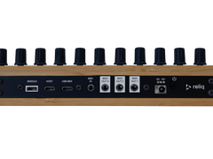 Reliq Wood rear panel close up with the USB, MIDI and power connections