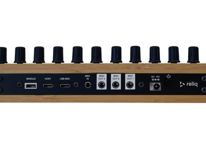 Reliq Wood rear panel close up with the USB, MIDI and power connections